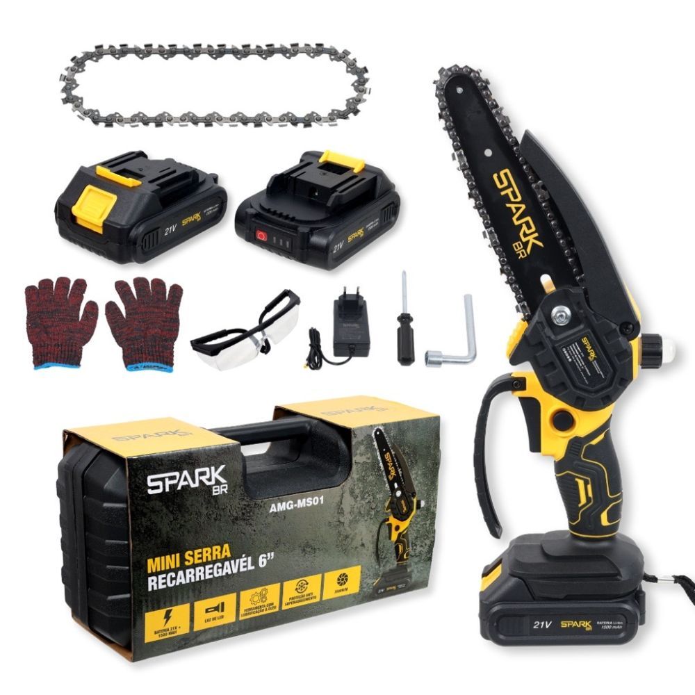 Motosserra Elétrica Portátil SparkBR 6 Polegadas Recarregável Bivolt 21V 2 Baterias Maleta