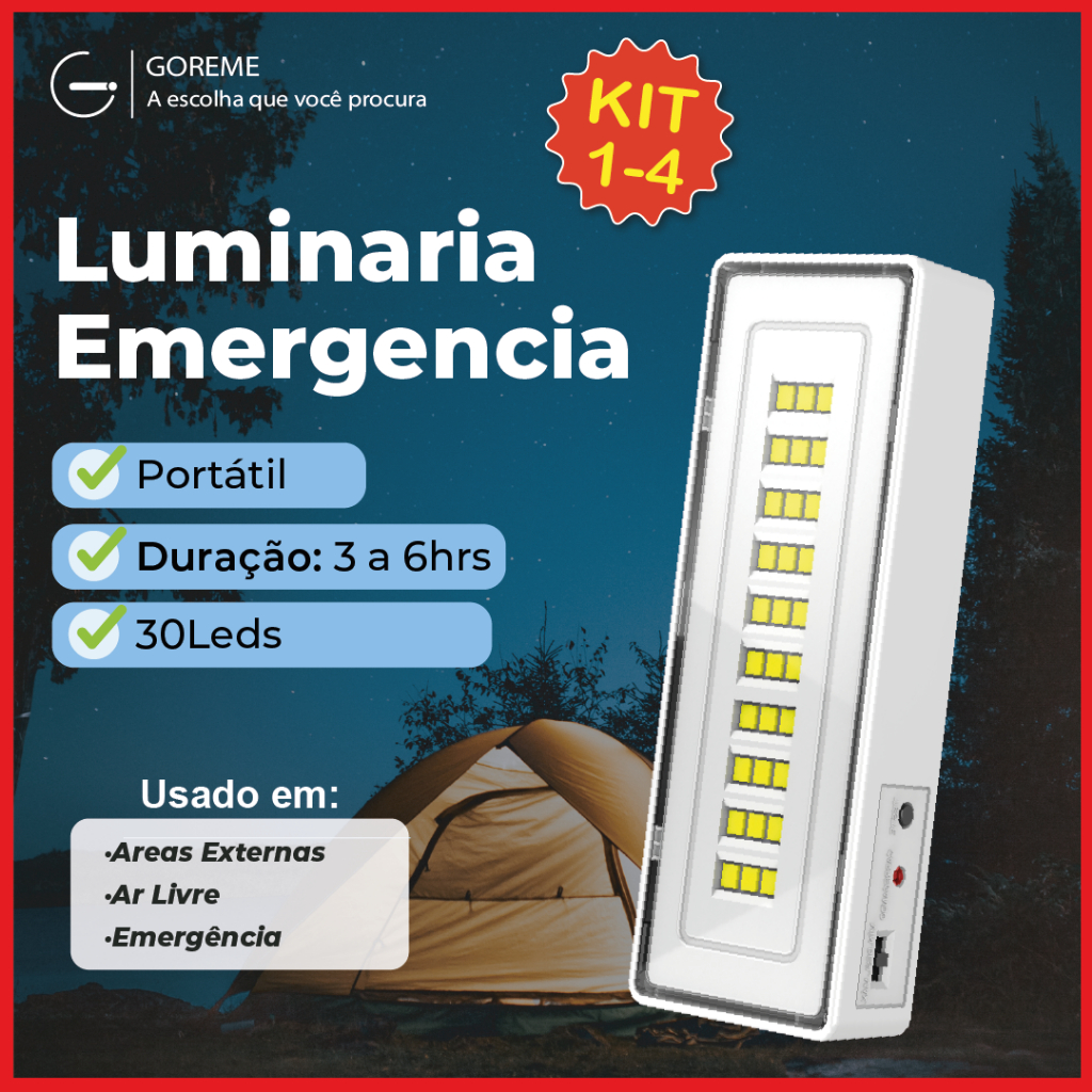 Kit 4 Luminária Emergência Lâmpada Portátil 30 Leds Recarregável Bivolt Luz Branca Fria - Home & Living