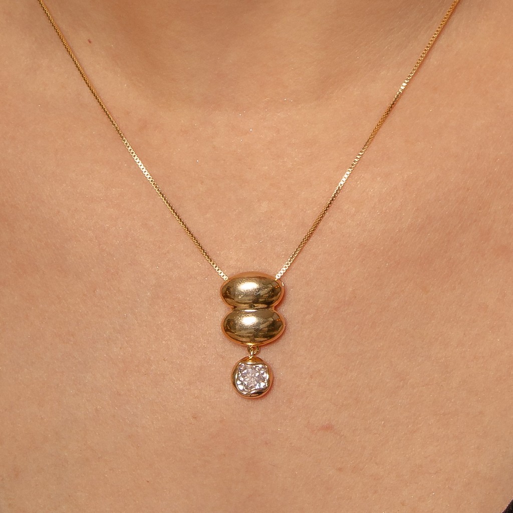 Conjunto Feminino Colar e Brinco Duas Esferas C/ Zirconia Redonda - Semijóia banhada a Ouro 18K