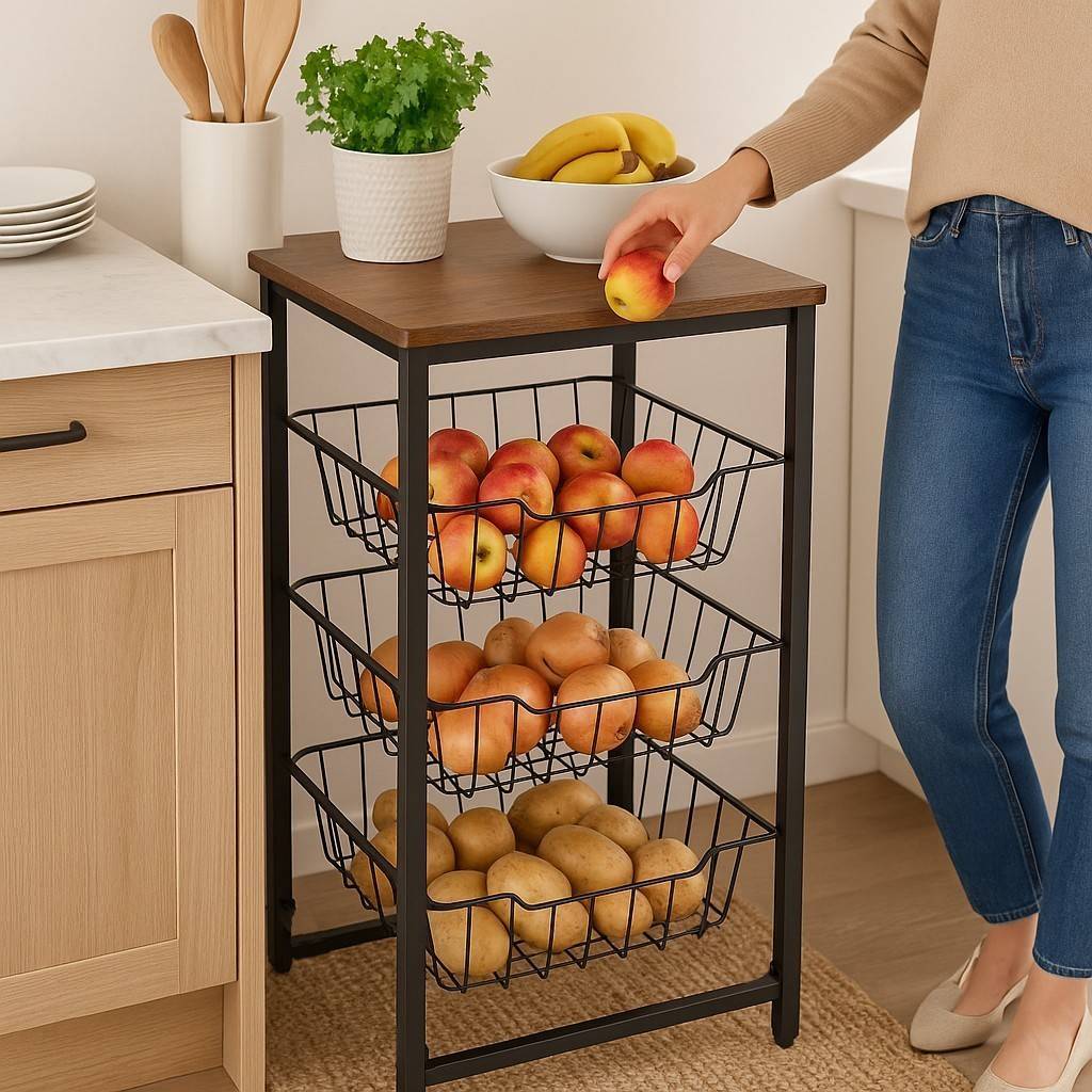 Fruteira De Chão 3 Cestos Deslizante Aço Preto Amadeirado em Oferta na Shopee