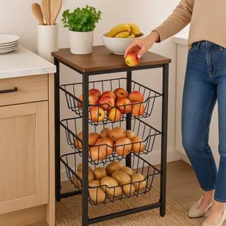 Fruteira De Chão 3 Cestos Deslizante Aço Preto Amadeirado em Oferta na Shopee