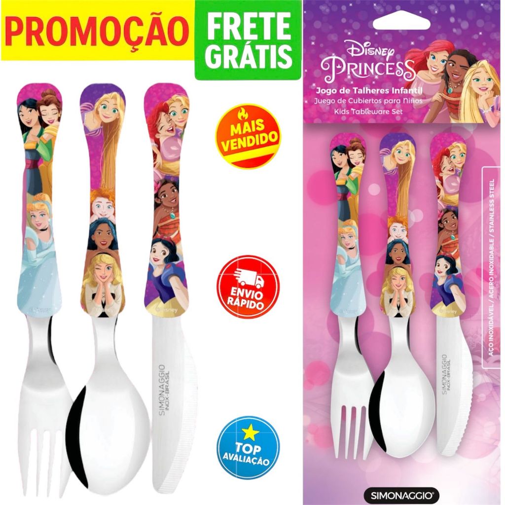 Talher Infantil Disney Princesa Inox Simonaggio Frozen Minnie Carros Toy Store Unicornio Chaves em Oferta na Shopee