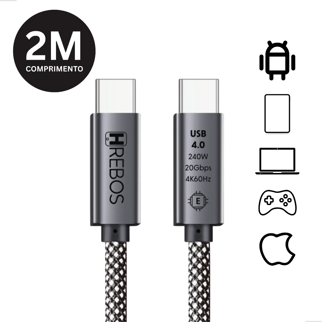 Cabo Tipo-C Turbo 2 Metros USB-C Duas Pontas Resistente Trançado Carregador Tipo C em Oferta na Shopee