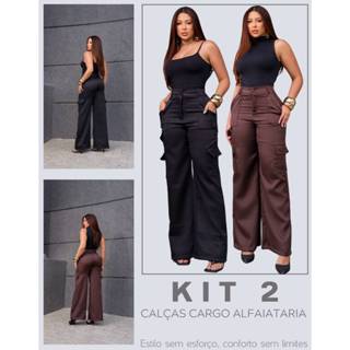 Kit 2 Calças Cargo Alfaiataria Pantalona Feminina Premium Wide Leg Blogueira Social Estilosa Bolsos em Oferta na Shopee