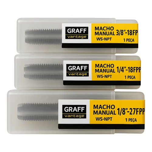 Kit com 3 peças: 1 Macho 1/8" - 27 NPT 1 Macho 1/4" - 18 NPT 1 Macho 3/8" - 18 NPT  Macho Aço liga Mach