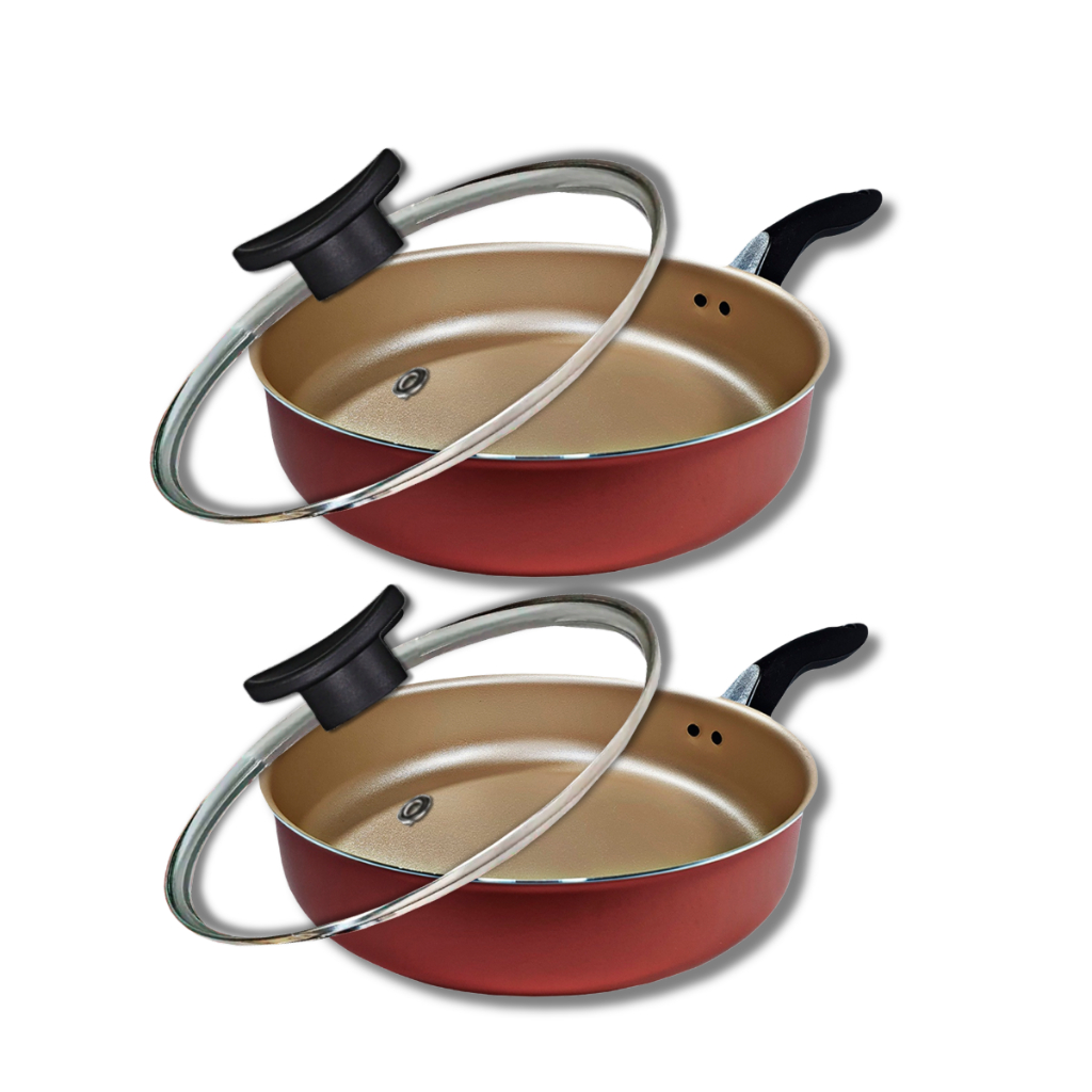 Kit 2 Frigideiras Antiaderentes Com Tampa de Vidro Tamanho 20cm e 22cm  com 7 Camadas de Teflon Não Gruda Cor Cereja em Oferta na Shopee