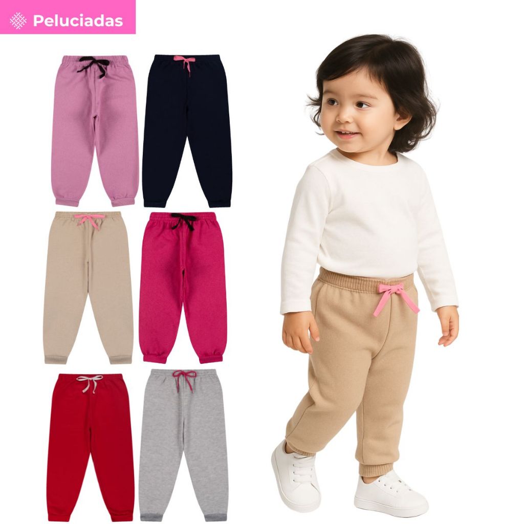 Kit 1, 3 ou 5 Calça Moletom Bebe Menina Peluciada Feminino Infantil Inverno Frio com Punho em Ribana
