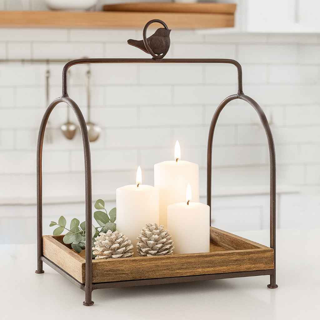 Suporte de Mesa Bandeja Decorativo Rústico Madeira e Ferro  Pássaro Quadrado Organização e Farmhouse