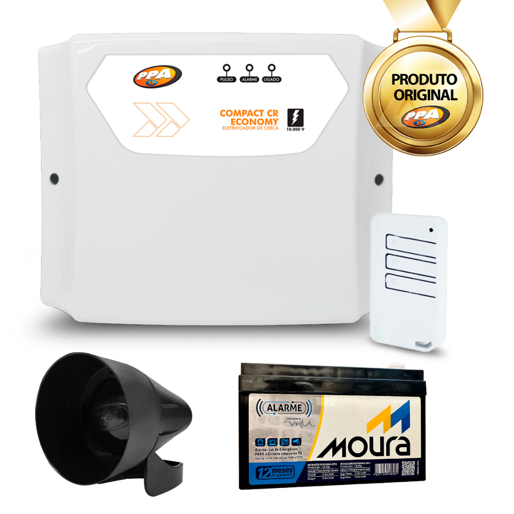 Kit Eletrificador 1200m Compact CR Economy + Bateria e Sirene PPA