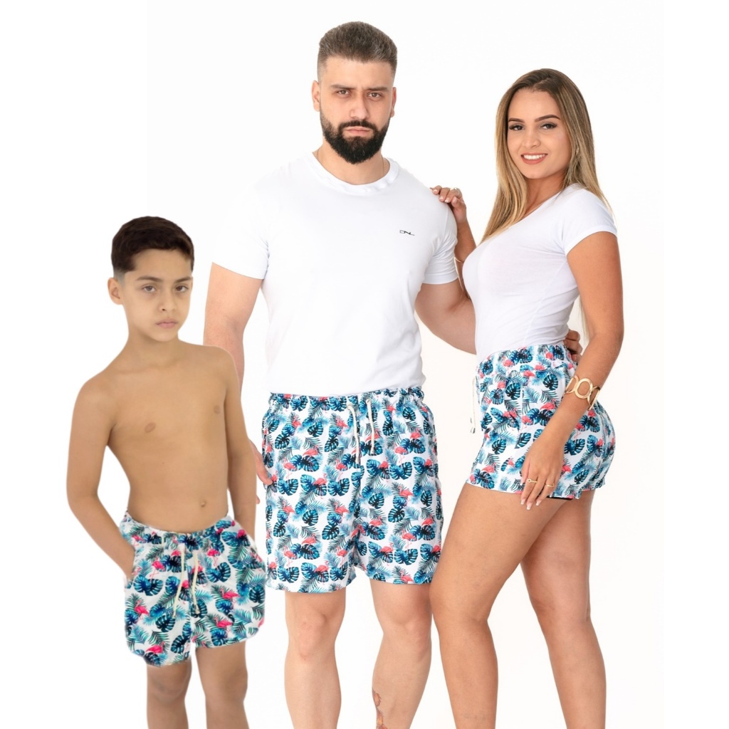 Kit 3 bermudas família pai mãe e filha / filho infantil adulto tectel estampa digital flamingo