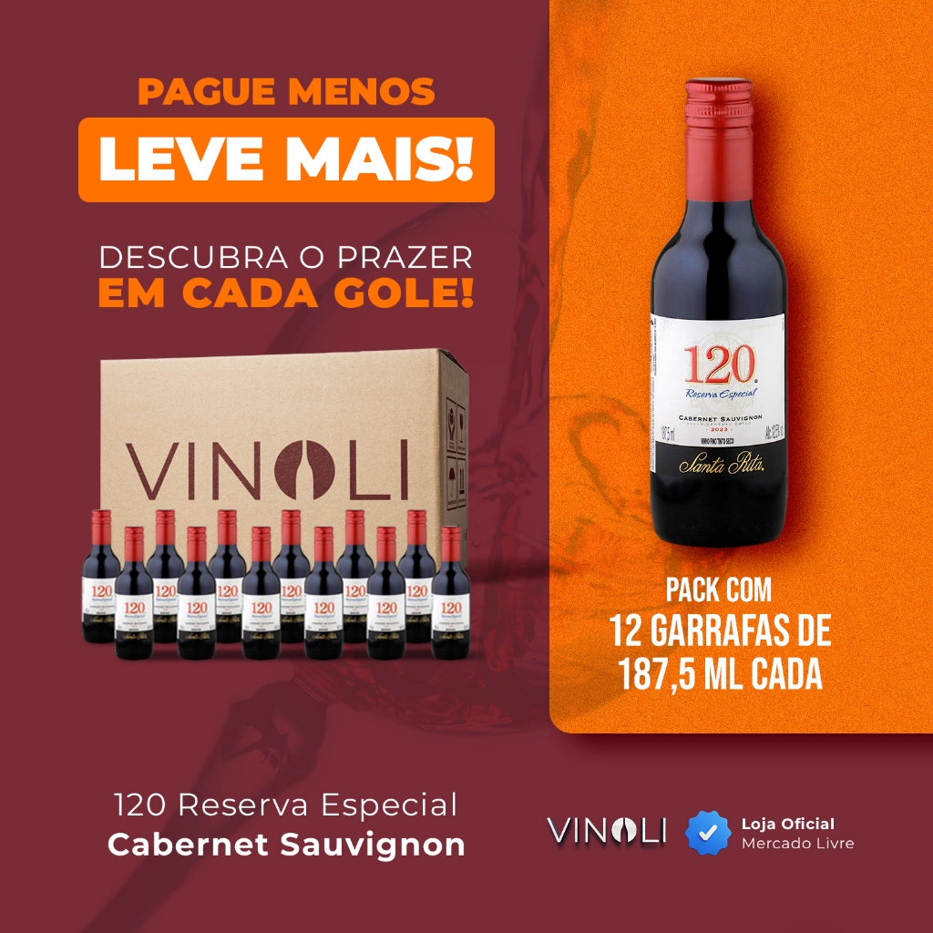 Kit Pack Vinho Chileno 120 Reserva Cabernet Sauvignon Tinto 12 x187,5 ML em Oferta na Shopee