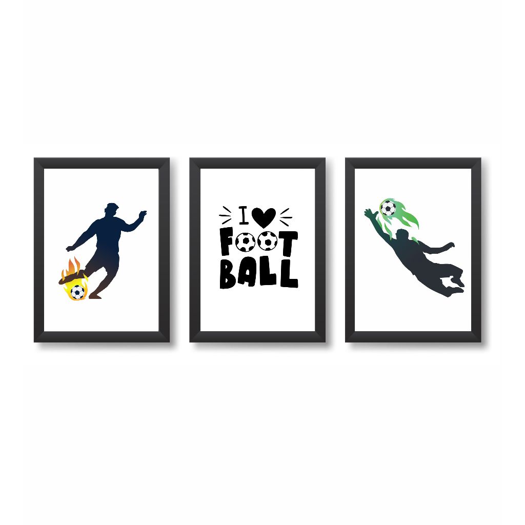 Kit 3 Quadros Decorativos Futebol Bola Chuteira Jogadores Decoração Esporte Molduras 20x30cm Madeira Vidro