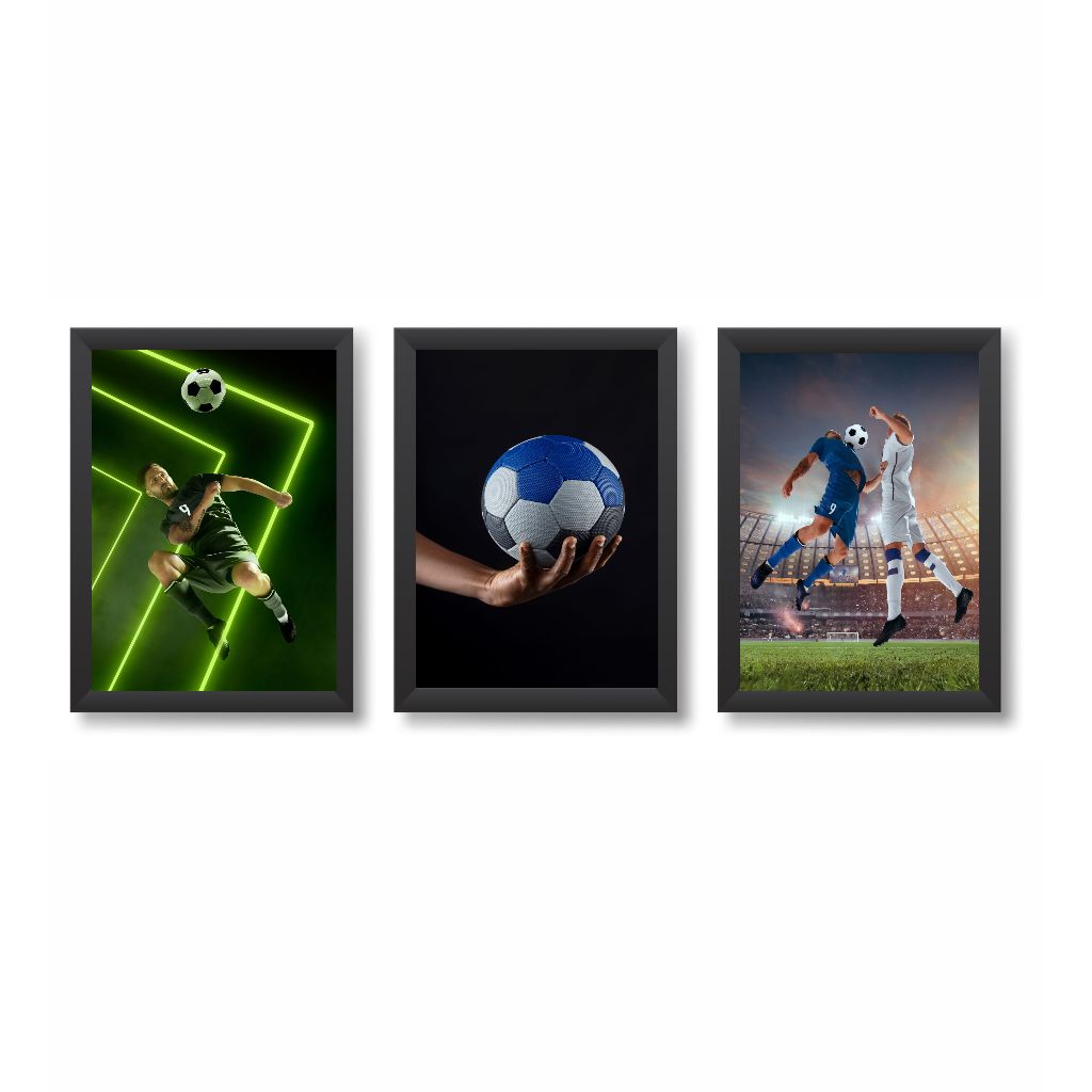 Kit 3 Quadros Decorativos Futebol Bola Chuteira Decoração Esporte Molduras 20x30cm Madeira