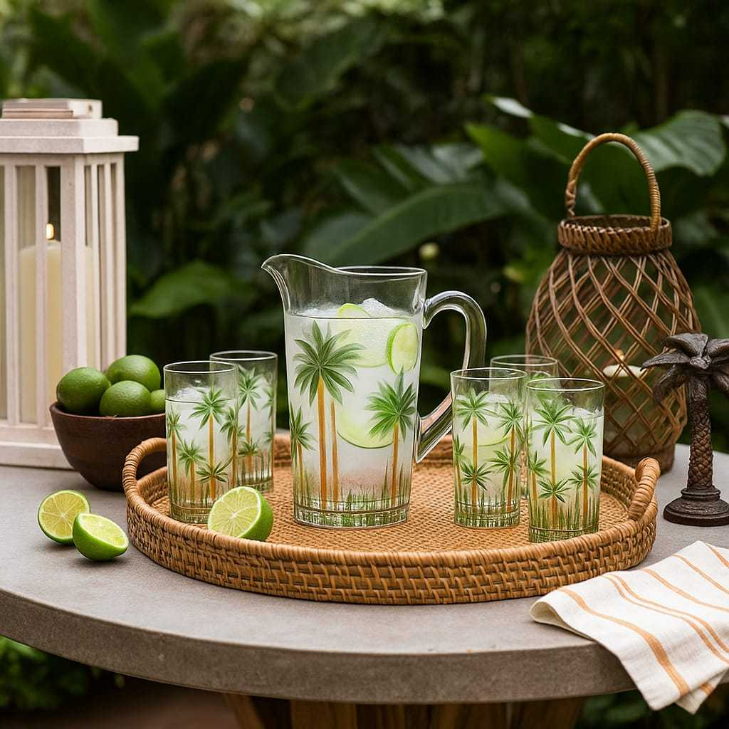 CONJUNTO JARRA E 6 COPOS DE CRISTAL PALM TREE HANDPAINT WOLFF
