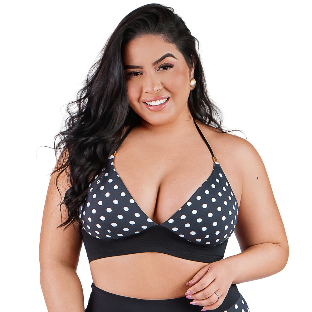 Top Biquíni Cropped Frente Única Com Bojo Plus Size Poá Preto Summer Soul