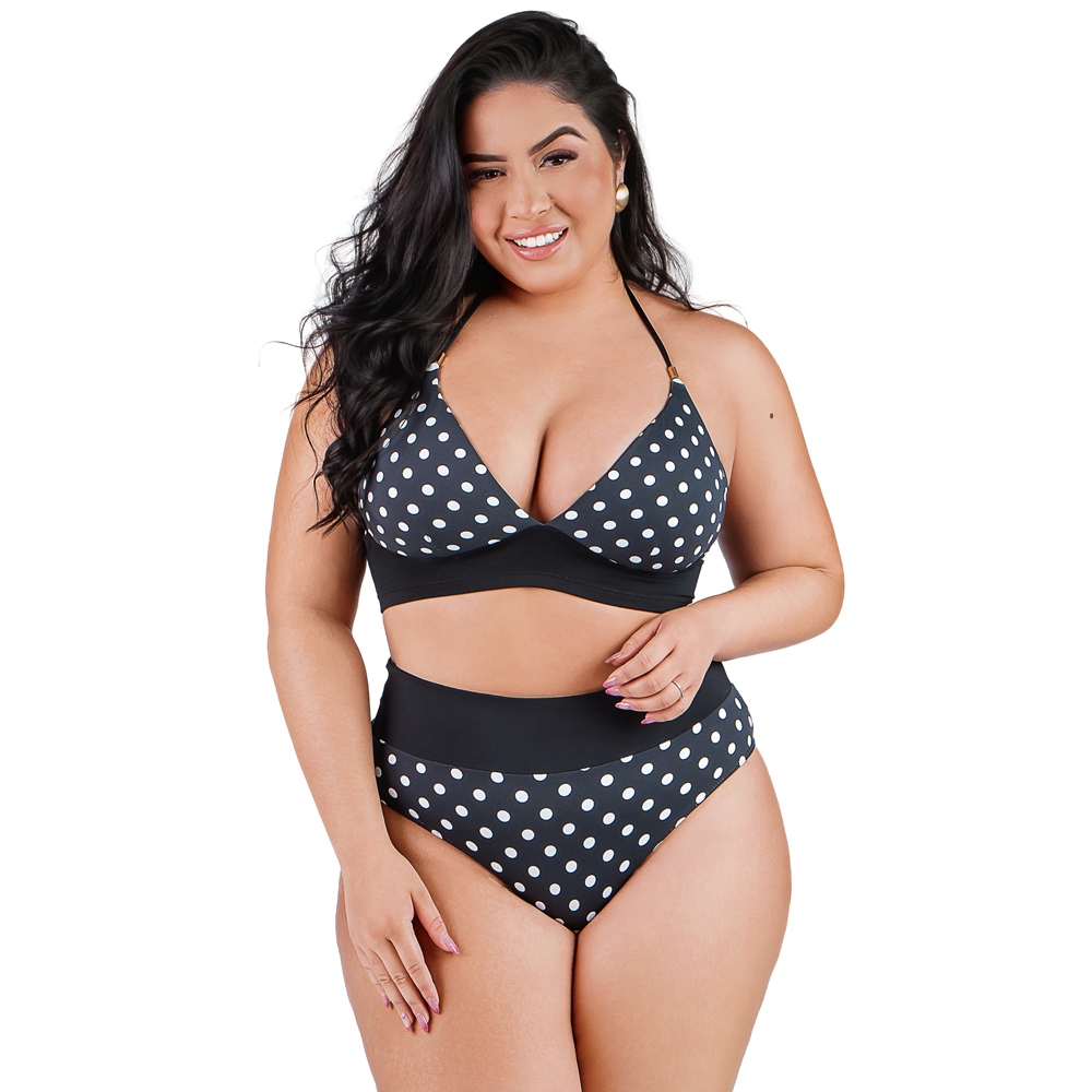 Biquíni Frente Única Hot Pants Plus Size Poá Preto Summer Soul