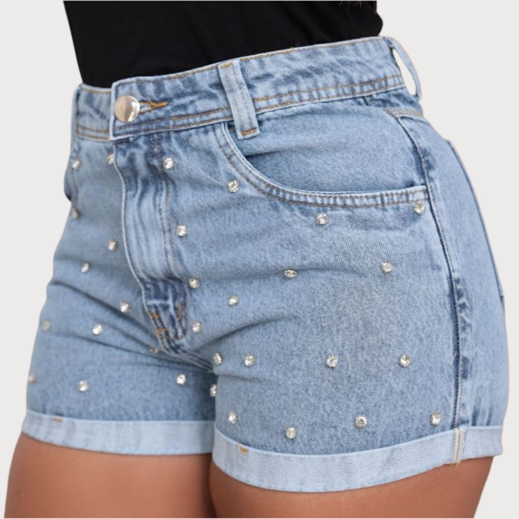 SHORT JEANS CASUAL FEMININO COM PONTOS DE LUZ CINTURA ALTA BARRA DOBRADA em Oferta na Shopee