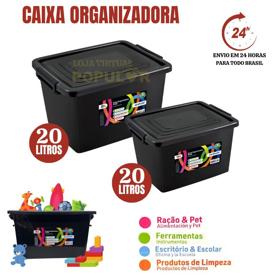 Caixas Organizadoras Containers Pretas Com Tampa e Trava 10e  20 Litros Preto