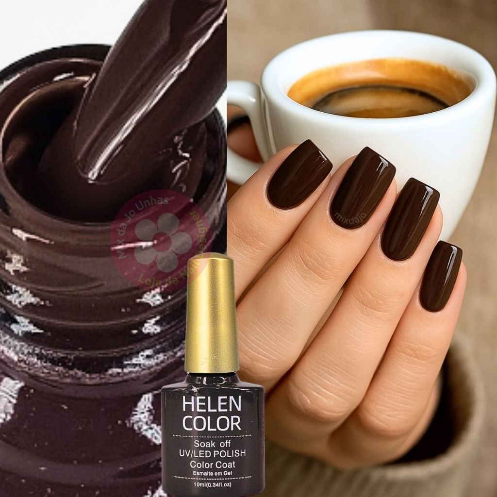 Esmalte em gel marrom escuro quase preto Soak Off Helen Color Chocolate Café