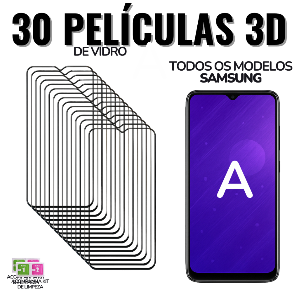 30 Película Samsung A de Vidro 3D para Todos: A26 / A36 / A56 / A05 / A15/ A25 / A03 /A13 / A23 /A10