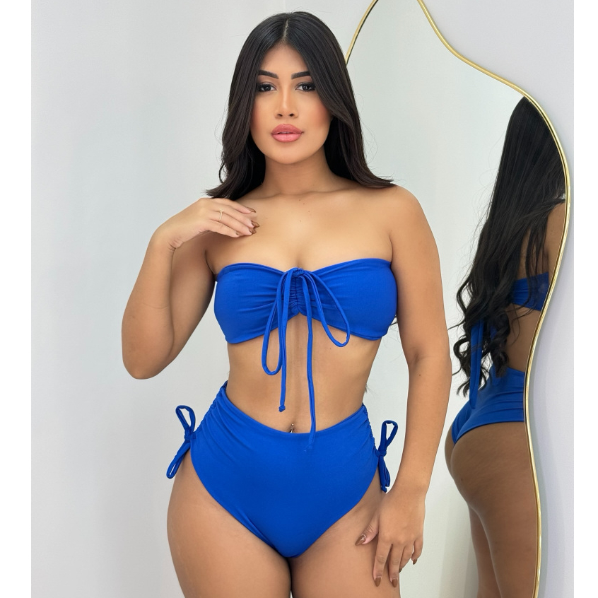 Biquíni Cintura Alta Drapeado Com Viés e Bojo Biquini Feminino Hot Pants Ajustável