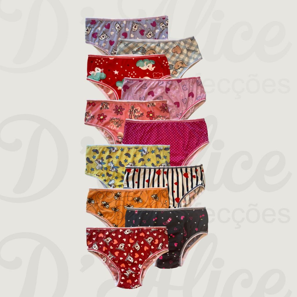 Kit c\6 unidades Calcinha Infantil menina moça Confortável Estampas Variadas + brinde surpresa