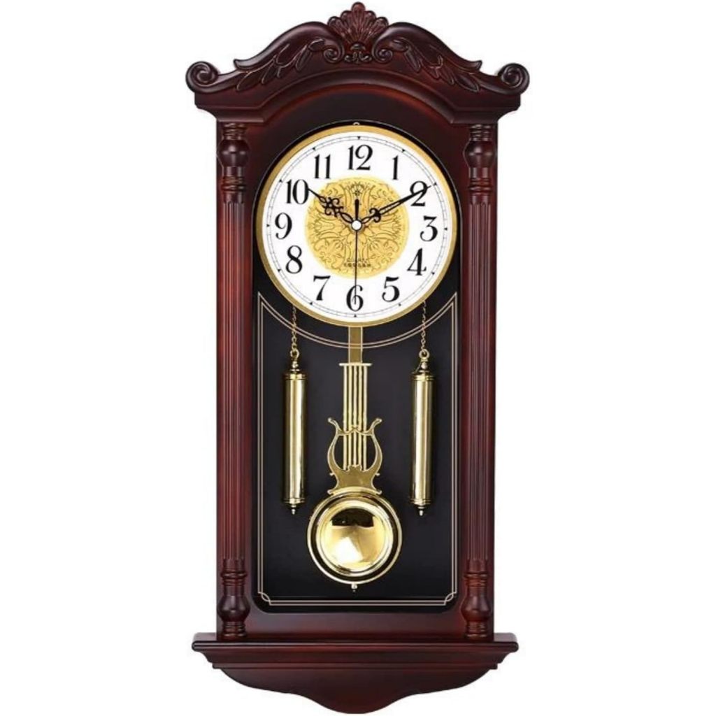 Relógio Parede com Pendulo 66cm Vintage Analógico Rústico Detalhes Dourado Decoração Casa em Madeira