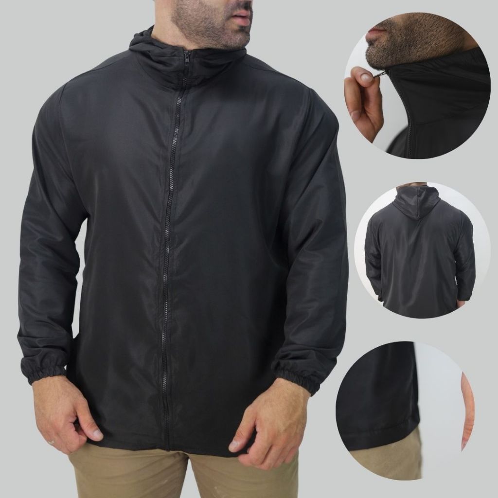 Jaqueta Corta Vento Preta Masculina Lisa Impermeável com Capuz Zíper e Bolsos