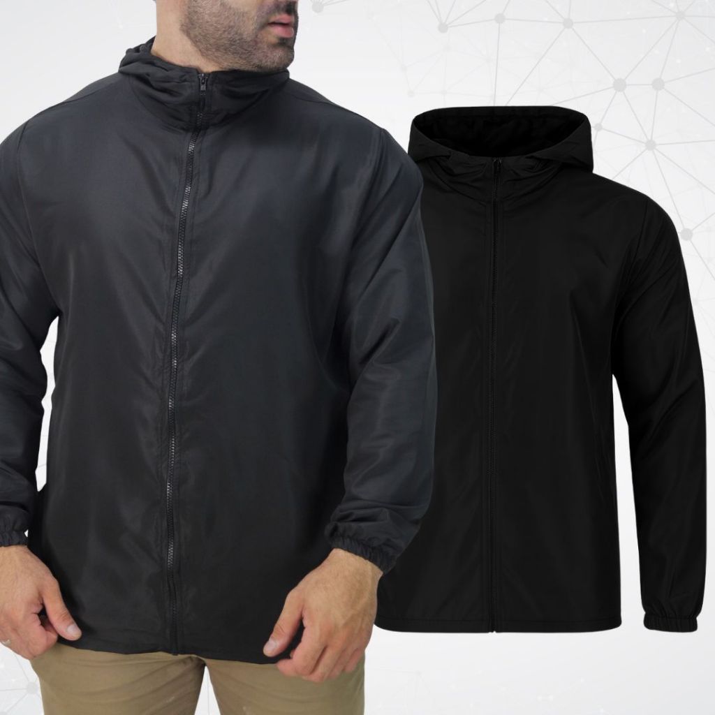 Jaqueta Corta Vento Masculina Preta Lisa Impermeável com Capuz Zíper e Bolsos