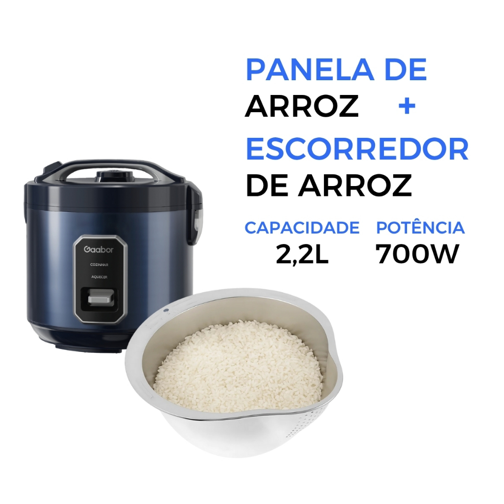 Imagem Kit Panela de Arroz Gaabor 2,2L 15 Xícaras Antiaderente 700W, 127V + Escorredor arroz salada