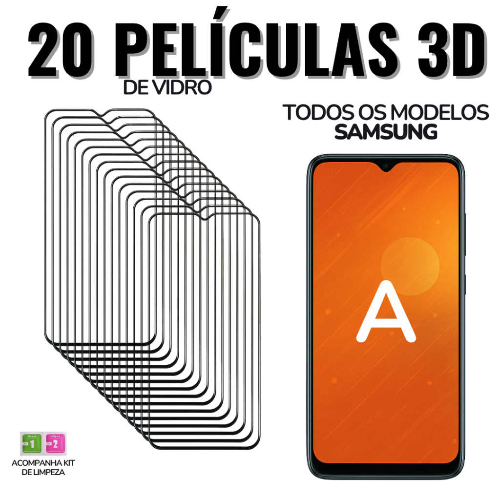 20 Película Samsung A de Vidro 3D para Todos: A26 / A36 / A56 / A05 / A15/ A25 / A03 /A13 /A23 / A10