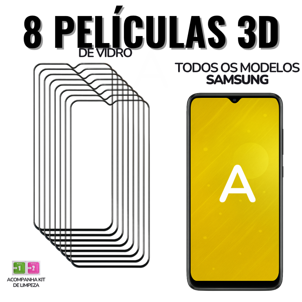 8 Películas Samsung A de Vidro 3D para Todos: A26 / A36 / A56 / A05 / A15 / A25 /A03 /A13/ A23 / A10