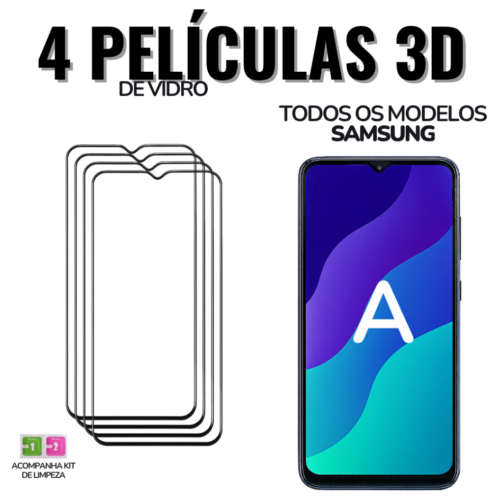 4 Películas Samsung A de Vidro 3D para Todos: A26 / A36 /A56 / A05 / A15 / A25 / A03 /A13 / A23 /A10