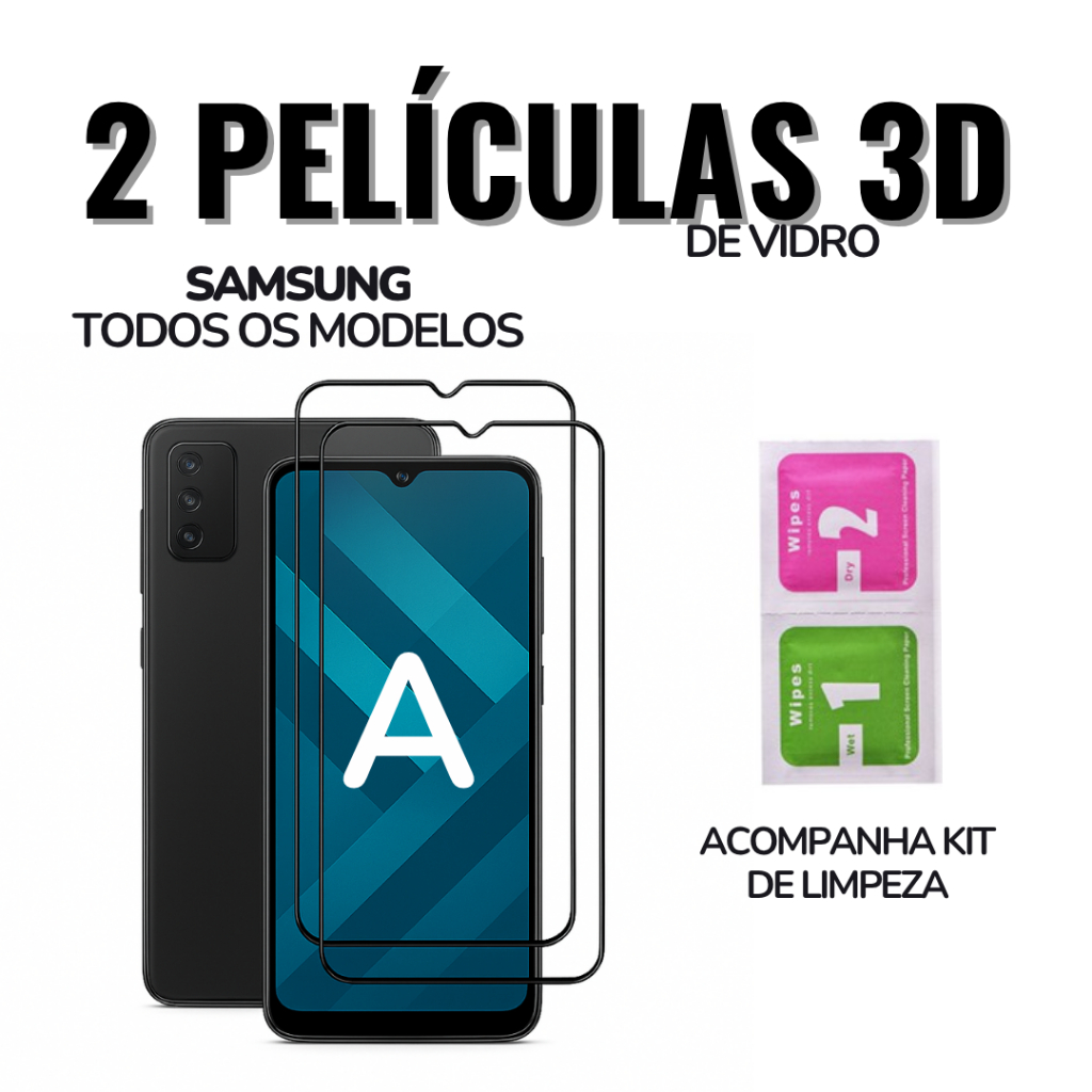 Escolha 2 Películas Samsung A de Vidro 3D para Todos: A26 A36 A56 A05 A15 A25 A03 A13 A23 A10 A02