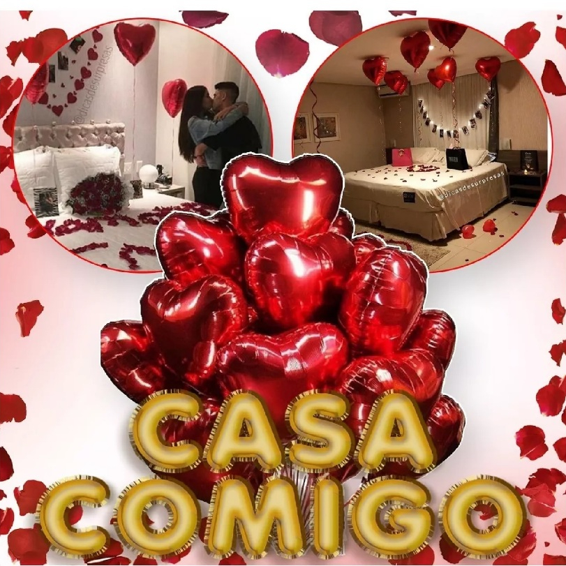 Kit Decoração Romântica 500 Pétalas + 12 Velas + 10 Balões + 10 M Fitilho + Casa OU Namora Comigo