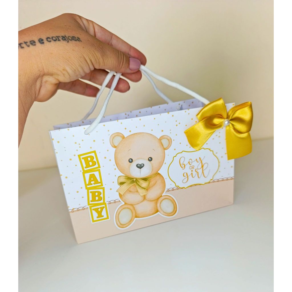 Sacolinha Surpresa Personalizada Chá Revelação Ursinho Bege | Festa infantil | Aniversário