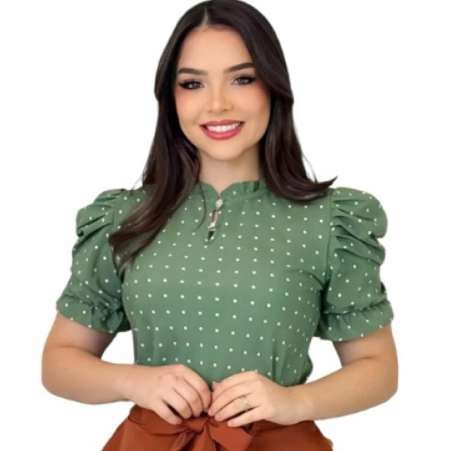 Blusa Poá social Feminina Estilosa Moda Evangélica Manga Curta Estampada com Botão Elegante