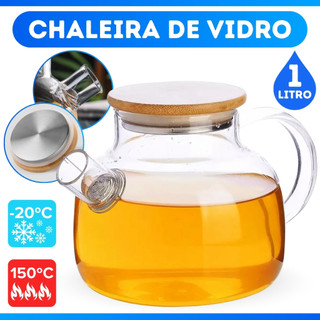 Chaleira de Vidro Tampa de Bambu Jarra Bule infusor Resistente a Calor Borossilicato 1L