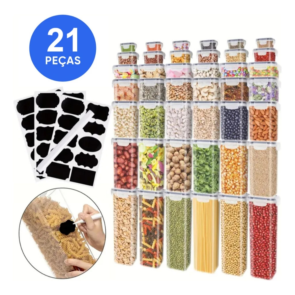 Kit 21 Potes Herméticos Empilháveis Quadrado Resistente Plástico Cozinha Dispensa Alimentos e Bebida em Oferta na Shopee
