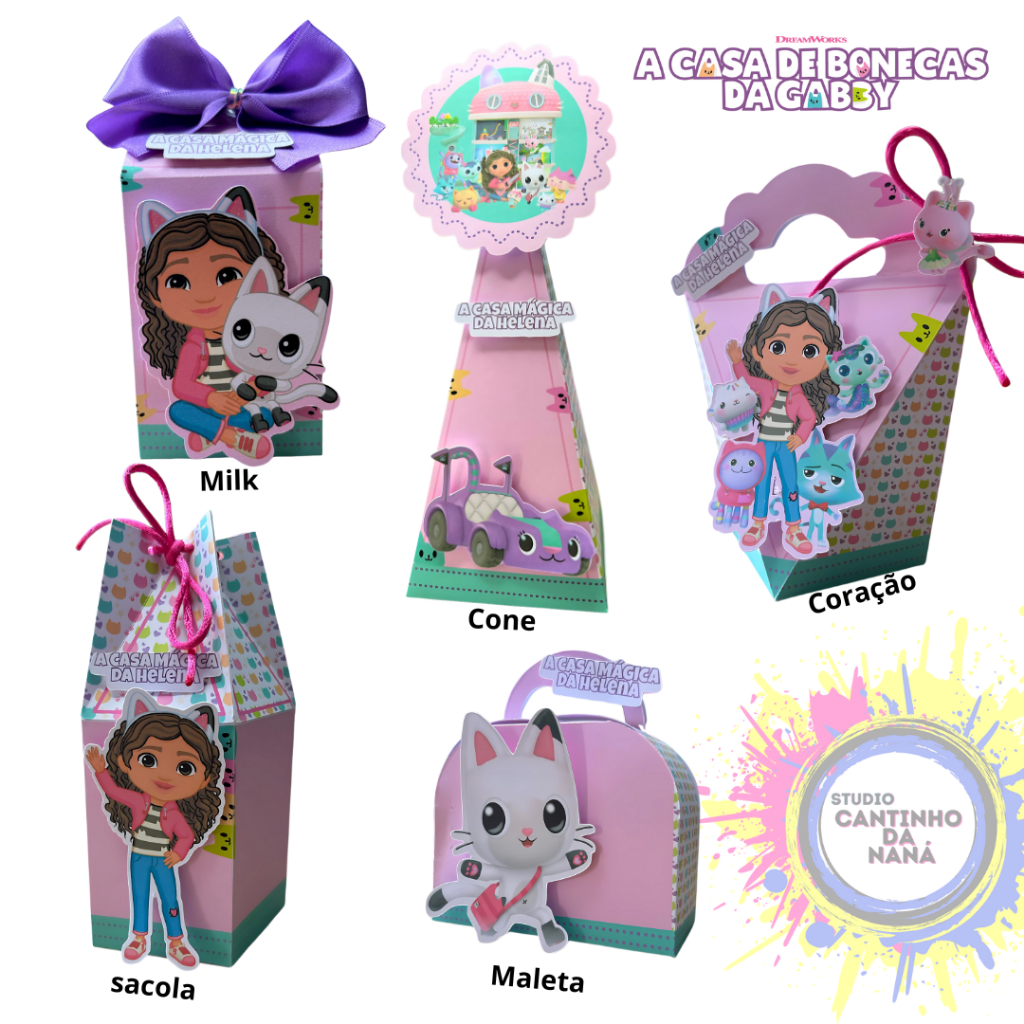 Kit caixas lembrancinhas - festa de aniversario Gabbi/ caixas: milk, cone, maletinha, sacola e coração é personalizada.