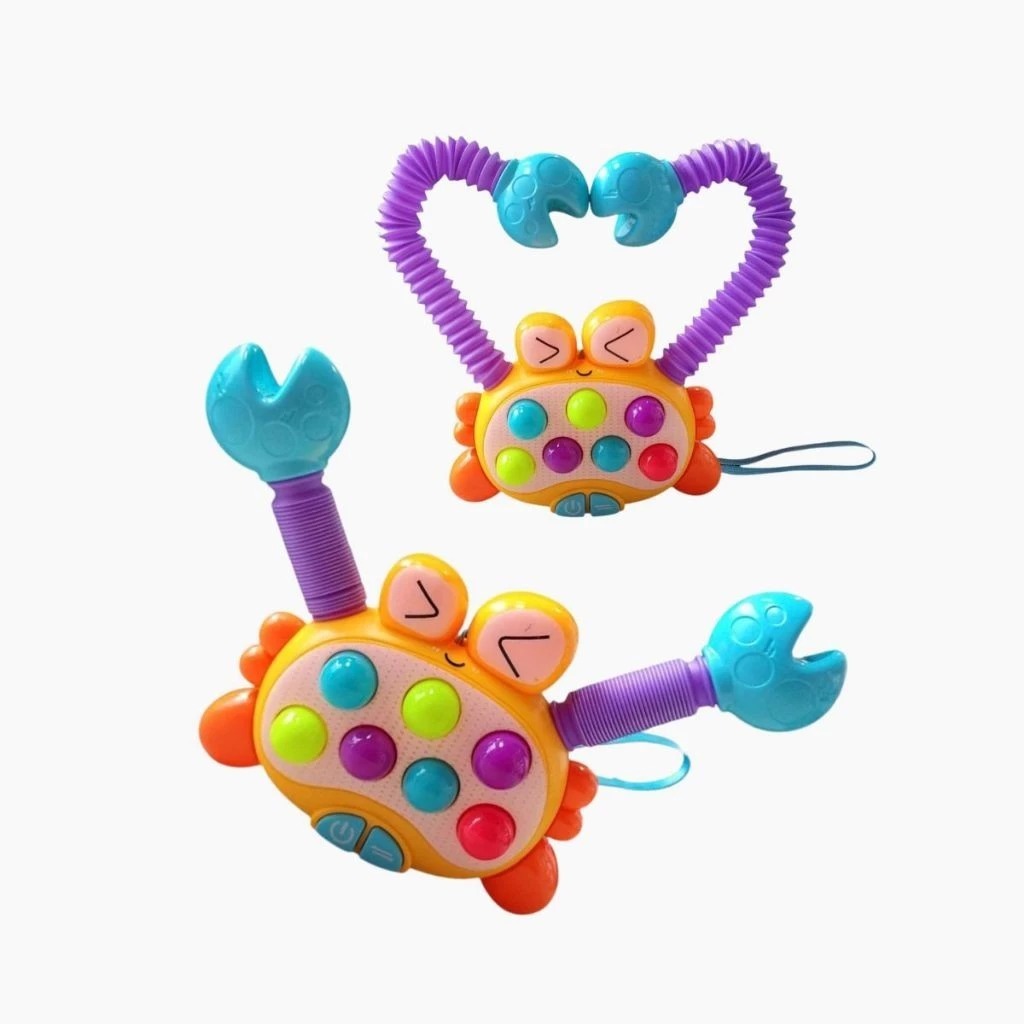 Brinquedo Caranguejo Sensorial Educativo Bebê e criança Educativo Pop IT Estica e Puxa Som Luz