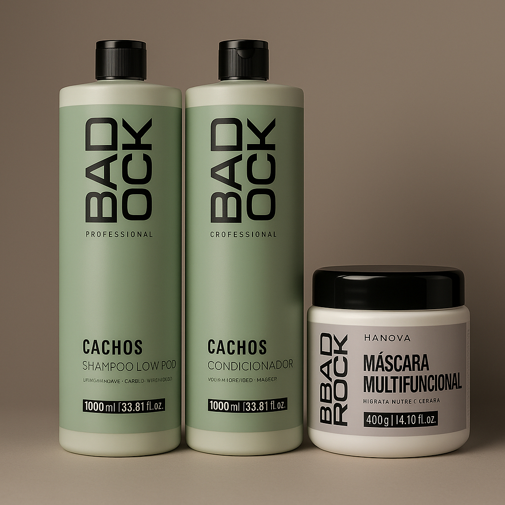 Kit Shampoo e Condicionador 1L Cachos + Máscara Multifuncional 400g Bad Rock Hanova