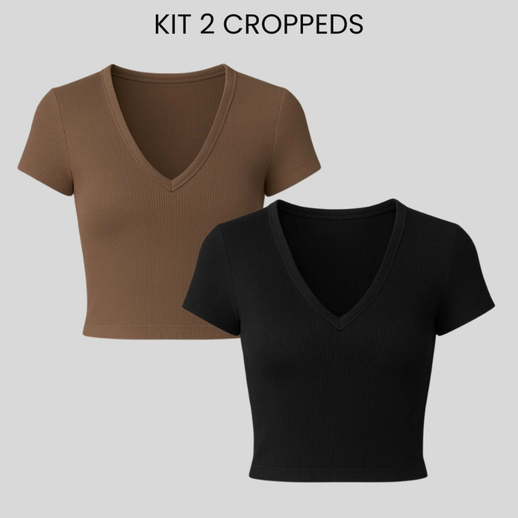 Cropped kit 2 peças manga curta decotado canelado feminino