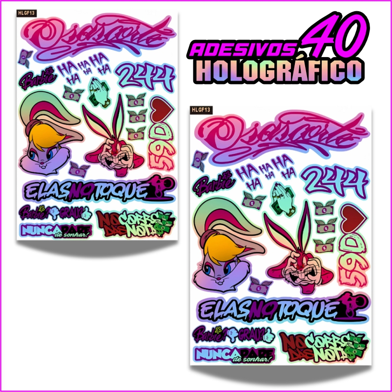 Kit 2 Cartelas / 40 Adesivos Holográfico Feminina 244 Grau Frases Coelha 59D Osascorte Super Prova D'Água