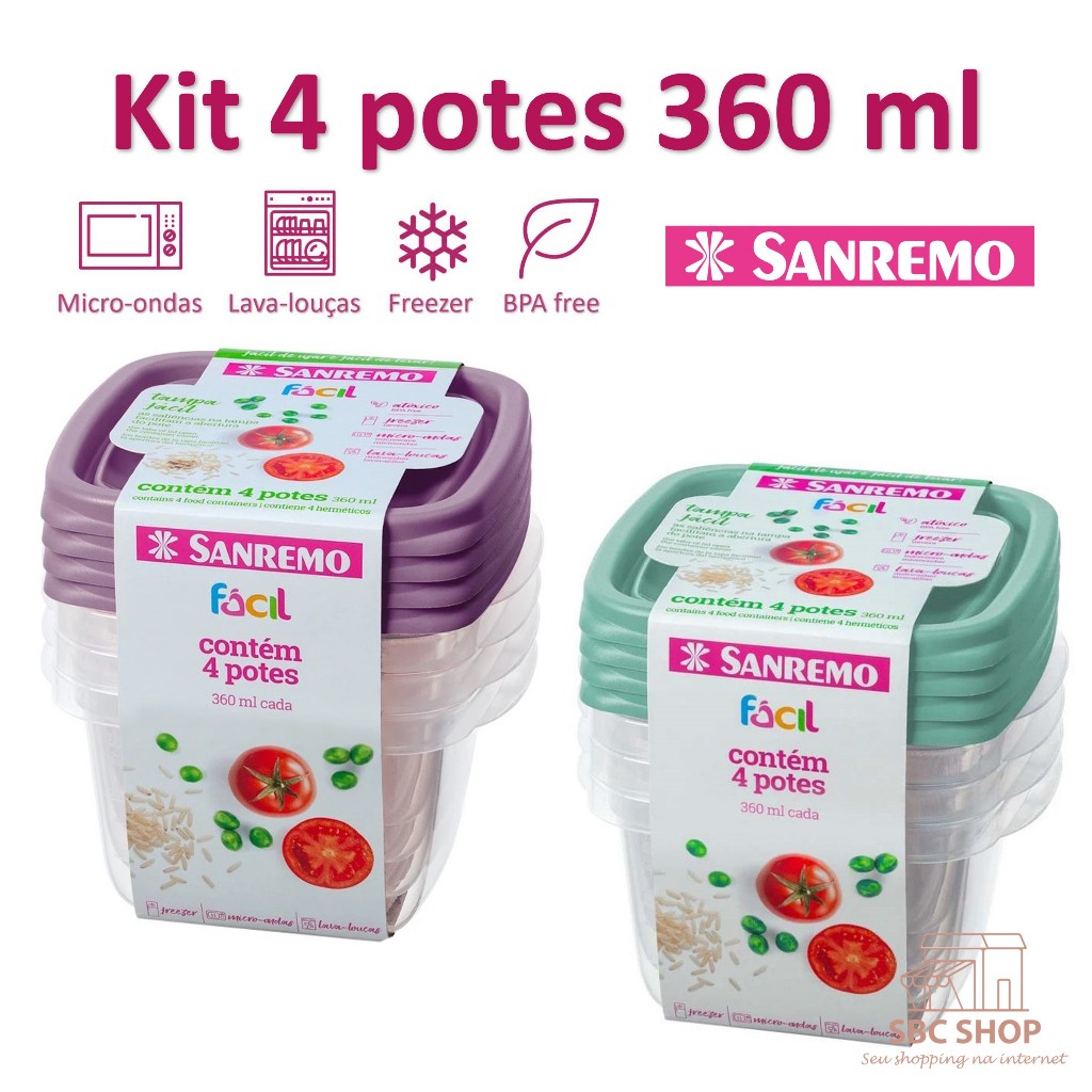 Kit Pote Hermético Freezer Micro-ondas Lava-louças BPA Free 4 Peças 360 ml Sanremo