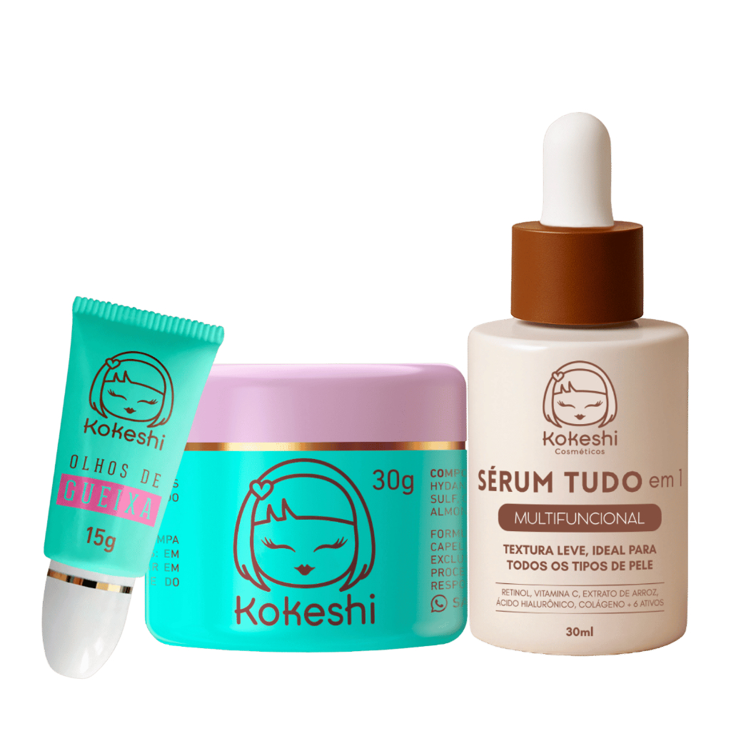 Kit Renovadores Creme Sérum Facial Pele de Porcelana Tudo em 1 Olhos de Gueixa Kokeshi