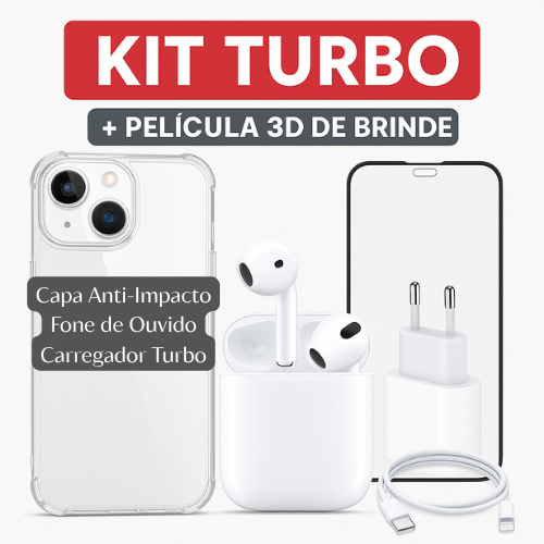 Kit Turbo para iPhone - Acompanha Capa Transparente + Carregador 20w + Fone de Ouvido i12 + Película