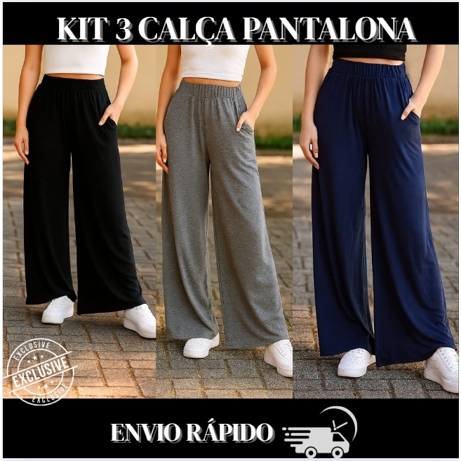 Kit com 3 calças pantalona leve e confortável com bolsos em Oferta na Shopee