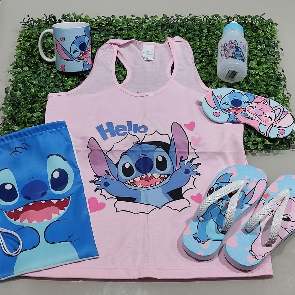 kit stitch e angel com camisa regata adulto chinelo tapa olho sacolinha squeeze e caneca de porcelana Lindo kit
