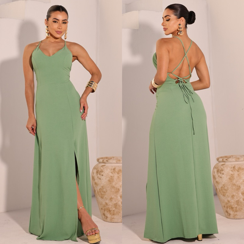 Vestido longo Costa nua liso com fenda bojo amarração zíper invisivel atras moda feminina lançamento em Oferta na Shopee